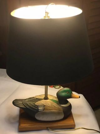 Vintage Hand Painted Ceramic Mallard Duck Table Lamp Solid Oak Wood Base Vgc