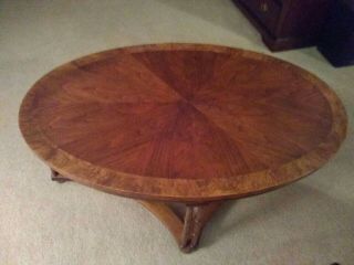 Baker Furniture Co.  Burl Finish Inlaid Banded Oval Coffee Table 42 " L 28 " W