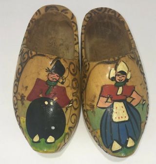 Vintage Dutch Wooden Wall Hanging Shoes Clogs Hand Painted Made In Holland
