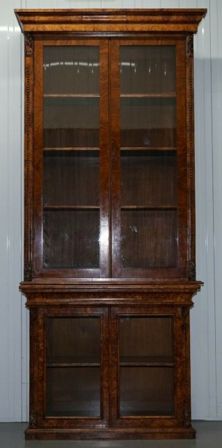 Huge Burr Walnut Victorian Library Bookcase Cabinet Cupboard Drawers Restoration