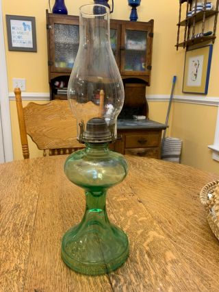Oil Lamp Depression Glass Green Vintage 10 " Lamp,  8 1/2 " Shade