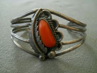 Vintage Southwestern Native American Coral Sterling Silver Cuff Bracelet