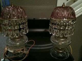 Vintage Pink Tiffany - Style Lamp With Crystals 11 " T Set