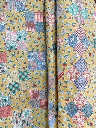 Feedsack C 1930s Four Patch Quilt Top Vintage Yellow