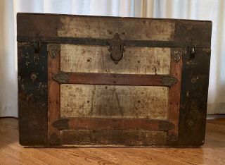 Vintage Flat Top Steamer Trunk With Wood & Metal Accents With Tray