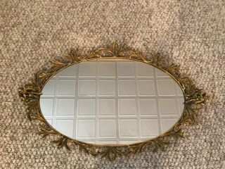 Large Vintage Gold Filagree Mirrored Vanity Tray With Cherubs 25 X 16