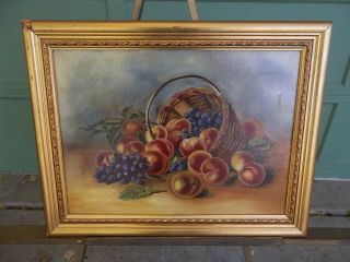 Vintage Antique Gold Framed Peaches Fruit Still Life Oil Painting On Board