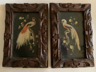 2 Vintage Mexican Feather Craft Bird Pictures Hand Carved Wood Folk Art 6x9”