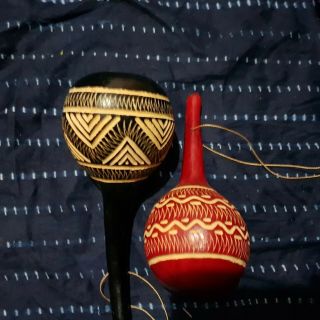 Set Of 2 Hand - Painted And Hand - Carved African Gourd Shakers Musical Rattles