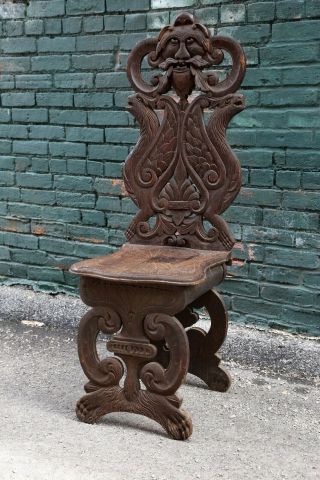 1890s Antique North Wind Face Mahogany Chair Carved Wood Throne Chair Legs Feet
