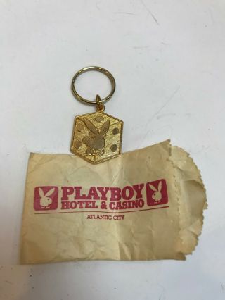 Vintage 80s Playboy Hotel And Casino Atlantic City Gold Keychain Hexagon