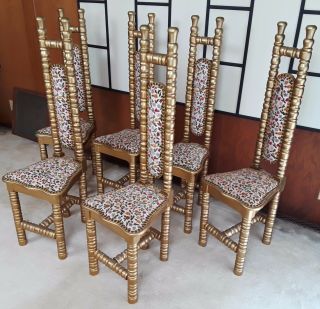 Vtg Set Of 6 Floral Tapestry Dining Chairs Hollywood Regency Custom Made Ooak
