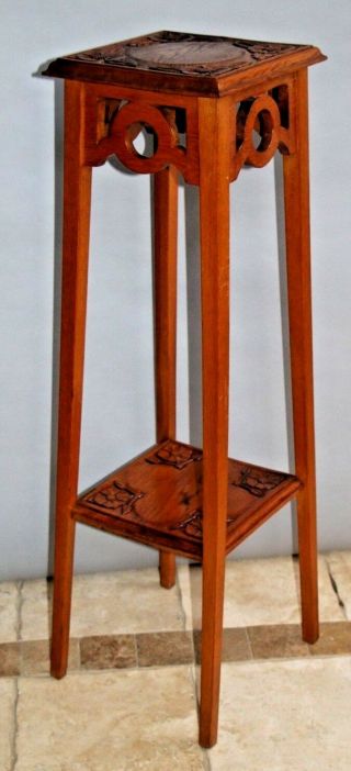 Vintage Arts and crafts tall table plant stand shelf solid Oak Flower carved Top 2