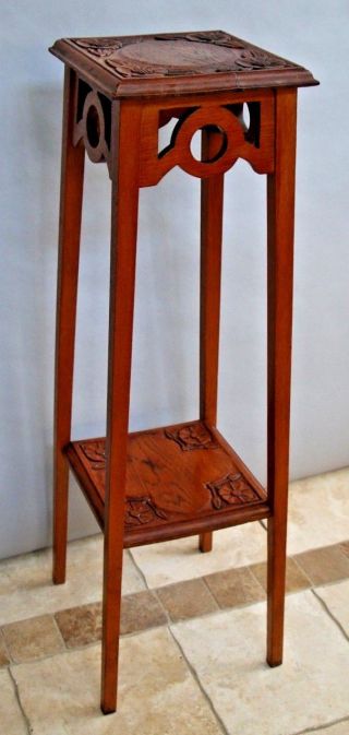 Vintage Arts and crafts tall table plant stand shelf solid Oak Flower carved Top 3
