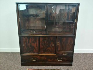 Antique Japanese Elm & Persimmon Wood Display Cabinet With Glass Doors
