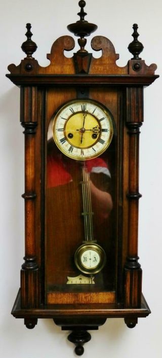 Small Antique German Hac 8 Day Gong Striking Carved Walnut Vienna Wall Clock