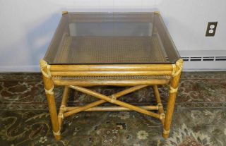 Mcguire End Table Leather Wrapped Rattan & Glass Cane Woven Shelf X Frame Base