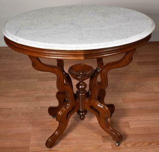 19th C.  Antique Victorian Eastlake Walnut White Marble Top Center / Side Table