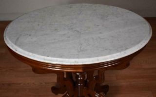 19th C.  Antique Victorian Eastlake Walnut White marble top center / side table 2