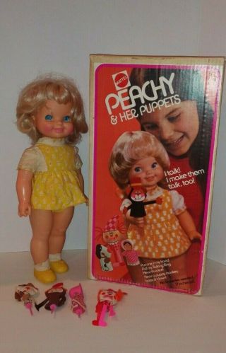 Vintage Mattel Peachy & Her Puppets Doll,  1973.  All 4 Puppets & Box.  Mute