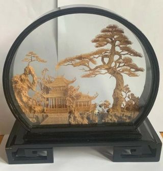 Vintage San You Asian Cork Art 9 " Carved Diorama Lacquer Wood Glass Box - China