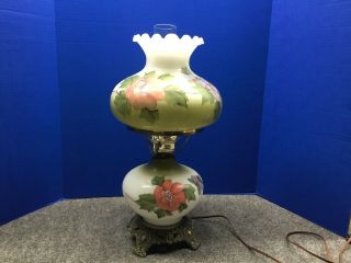Vintage Accurate Casting Company Three - Way Hurricane Lamp Hand Paint Flowers.