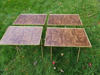 Vintage Retro Tv Tray Set Of 4 Brown Faux Wood Gold Handle