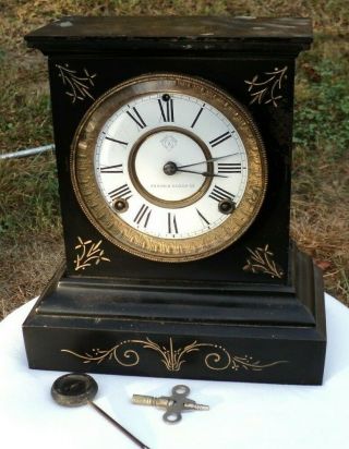 Vintage Antique Ansonia Cast Iron Case Wind - Up Gong Strike 8 - Day Mantel Clock