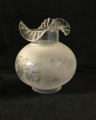 Victorian Floral Etched Glass Oil Lamp Shade Frosted White 4 " Fitter
