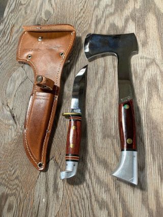 Vintage Coleman Western Knife & Axe Combo With Leather Sheath W66k W10k Ex Cond