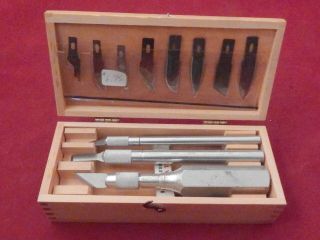 Vintage X - Acto Knife Set All Metal Handles & Wood Box Knife Chest W/extras