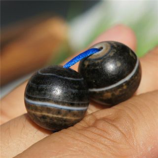 Natural Gray - skinned Old Agate Round Bead DZI 1 Line Pharmacist Bead A Pair 15mm 2