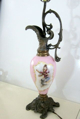 Vintage Pink Glass Ewer W/ Hand Painted Woman Base Table Electric Lamp