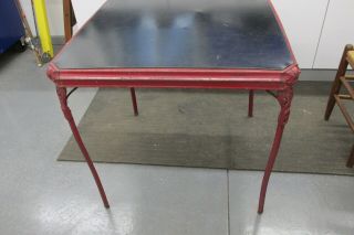Rare Antique Metal Square Card Folding Table Cast Iron Legs Frame? Tin Top?