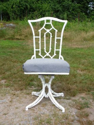 Vintage Cast Aluminum Faux Bamboo Chinese Chippendale Style Patio Swivel Chair