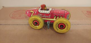 Vintage Tin Marx 7 Midget Wind Up Toy Racer Red Yellow " Balloon " Tires Approx 5