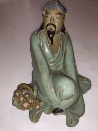 Vintage Chinese Mud Man Sitting On The Ground W/ Flower Basket Figurine Glazed