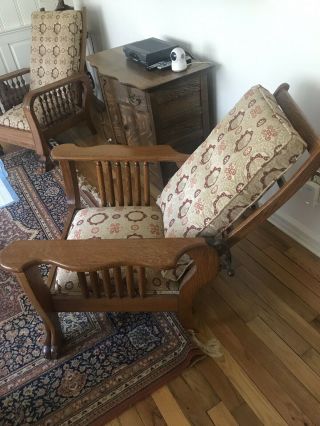 2 Antique Oak Recliner Morris Chair,  Matchingupholstery,