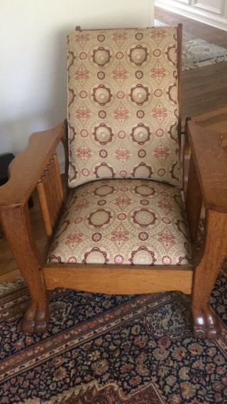 2 Antique Oak Recliner Morris Chair,  MatchingUpholstery, 3