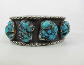 Heavy Vintage Navajo Stamped Sterling Silver & Turquoise Cuff Bracelet Signed Jt