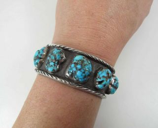 Heavy Vintage Navajo Stamped Sterling Silver & Turquoise Cuff Bracelet Signed JT 2