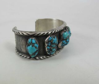 Heavy Vintage Navajo Stamped Sterling Silver & Turquoise Cuff Bracelet Signed JT 3