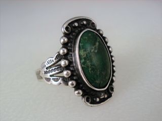 OLD Fred Harvey era STERLING SILVER & DEEP GREEN TURQUOISE RING sz 7.  5 3