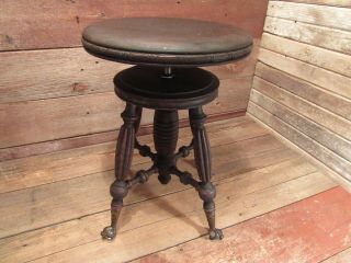 Vintage Victorian Wood Swivel Turn Adjustable Piano Stool With Glass Claw Feet