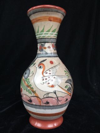 Vintage Burnished Tonala Mexican Folk Art Pottery Vase Bird Flower 9.  5”h