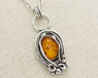 Vintage Sterling Silver Baltic Amber Pendant Necklace 18 " (12.  8g)
