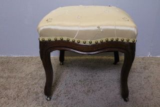 19th Century French Louis Xv Spring Seat Walnut Bench Foot Stool Upholstery