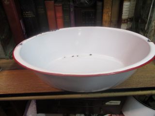 Red & White Oval Basin Porcelain Enamelware 18 " X 12 " Mid 1900s Vintage Pan Bowl