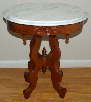Antique Kimball Mahogany Victorian Lamp Oval Table Hand Carved With Marble Top