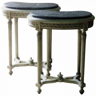Rare Pair French Louis Xvi Creme Painted Marble Top End Console Tables 1920s
